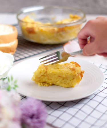 Tasty baked bread pudding with sugar