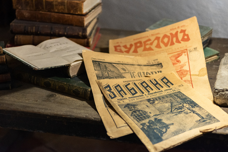 PERESLAVL-ZALESSKY, YAROSLAVL REGION, RUSSIA - March 27, 2019: Local History Museum in the Goritsky Monastery, Exposition of old newspapers and books of the Russian Empireのeditorial素材