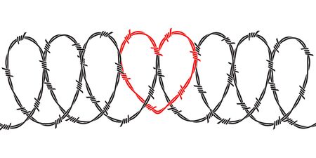 Barbed wire illustration. The shape of the heart is visible in the barbed wireのイラスト素材