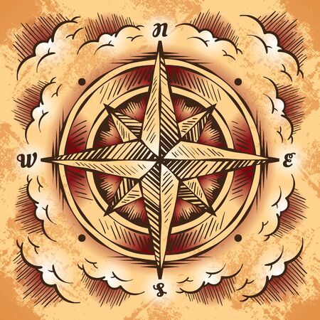 Antique compass rose on a grunge paper, stylized cloudsのイラスト素材