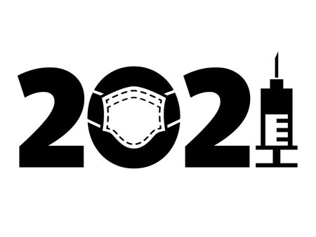 Healthy New Year 2021 inscription with medical mask and syringeのイラスト素材
