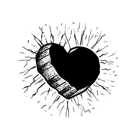 Heart-shaped hole in the wall. Black and white illustrationのイラスト素材
