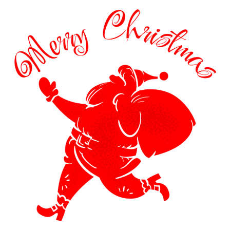 Santa Claus with a red bag with gifts. Drawn text - Merry Christmas. For Christmas and New Year designsのイラスト素材