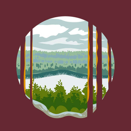 Illustration in flat style. Taiga view. View of the forest. View of the lake in the forest through the trunks of pine trees.のイラスト素材