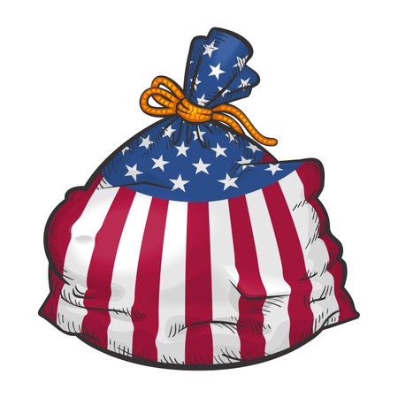 Illustration of a bag in the colors of the US flag with an atomic bomb. Isolated on white vector cartoon illustrationのイラスト素材