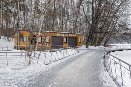 Balashikha, Russia - February 1, 2023: Pekhorka park. boat station. Translation: Boat stationのeditorial素材