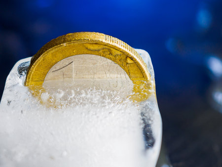 One Euro coin in a piece of iceの写真素材
