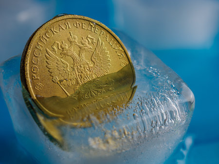 Ten Russian ruble coin in a piece of iceの写真素材