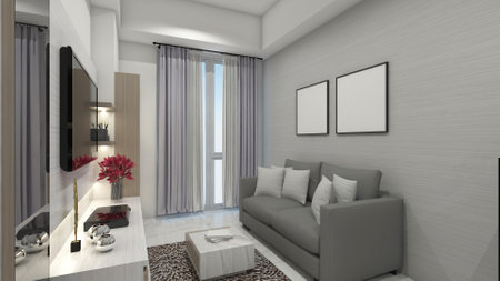 Interior living room apartment design with tv cabinet and minimalist sofa. Using wooden furnishing...