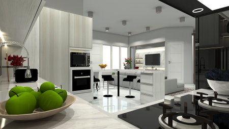 Luxury counter kitchen area with corner bar table integrate with living room. Using marble...