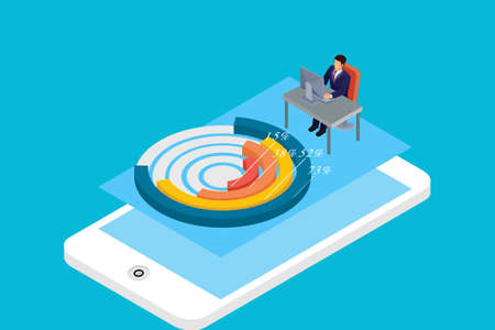 Modern Isometric People interacting with charts and analyzing statistics. Data visualization concept. 3d isometric vector illustration.のイラスト素材