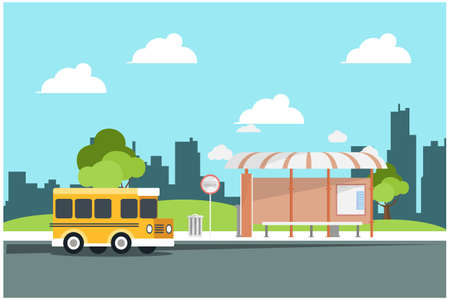 Vector Illustration of Bus Stop with City Skyline and River with Boat in Background. Flat Design Style.のイラスト素材