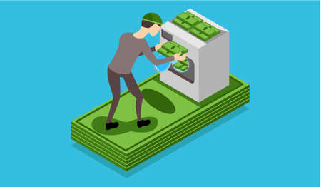 Money laundering and fraud infographics with criminal washing money, bribery and corruption concept, offshore account, crime, jail, bank, coin, banknote icon, isometric vector illustration.のイラスト素材