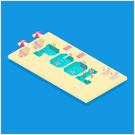 Creative vector concept illustration on isometric swimming pool with chaise lounges, parasol...