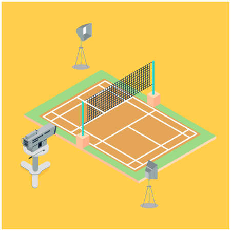 Broadcast telecommunication isometric composition television van and shooting team working outdoors vector illustrationのイラスト素材