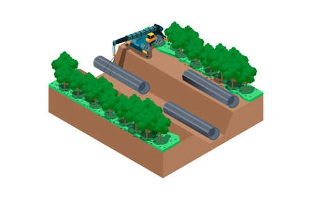 Isometric illustration of water pipe installation, vector illustrationのイラスト素材