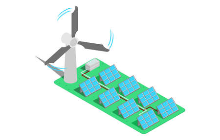 Solar panels, wind turbines with city buildings on green ground or island. Concept of alternative...