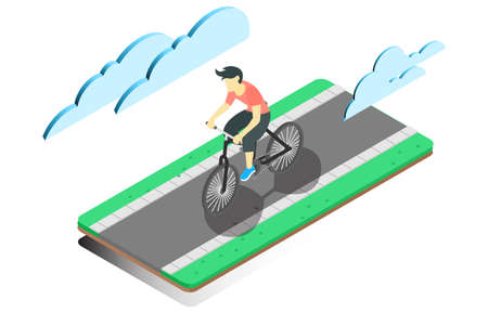 sometric illustration flat design of cycling on the road, during the morning, vector illustration - Vectorのイラスト素材
