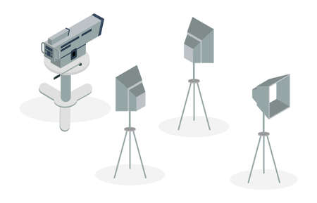 isometric illustration of film production equipment, web landing, flat design, brochure, vector illustratiのイラスト素材