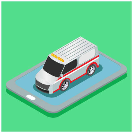 Flat 3d isometric style medical emergency ambulance concept crash web evacuation vector illustration. The order carries a patient stretcher. Conceptual collection of creative people's websites.のイラスト素材