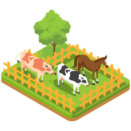 The composition of agriculture is regulated isometrically with livestock and livestock vehicles and fishing is attempted isolated vector illustrationのイラスト素材