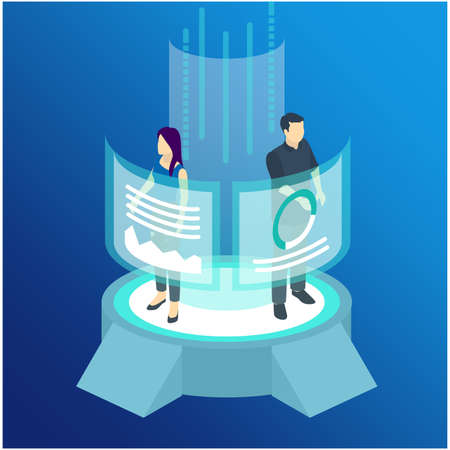 Isometric Man and woman wearing virtual reality goggles. Augmented realty concept. Man wearing goggle headset with touching vr interface. Into virtual reality world. Future technologyのイラスト素材