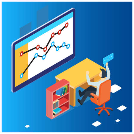 The concept of business strategy. Data charts or financial diagrams, statistical data information. Illustration of laptop isometric and infographics.のイラスト素材