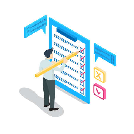 Online survey concept with characters. Can use for web banner, infographics, hero images. Flat isometric vector illustration isolated on white backgroundのイラスト素材