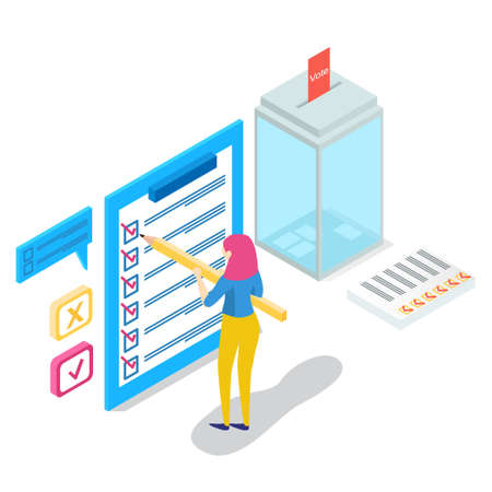 Online survey concept with characters. Can use for web banner, infographics, hero images. Flat isometric vector illustration isolated on white background.のイラスト素材