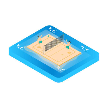 Isometric Vacation icon. Summer vacation. Turquoise sea, deckchairs, white sand and palms, sun, very beautiful nature. two beach lounge chairs under tent on beachのイラスト素材