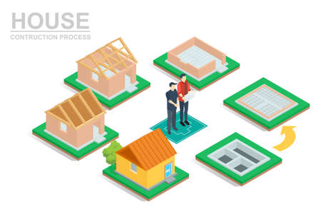Isometric set stage-by-stage construction of a brick house. House building process. Foundation pouring, construction of walls, roof installation and landscape design, vector illustration.のイラスト素材