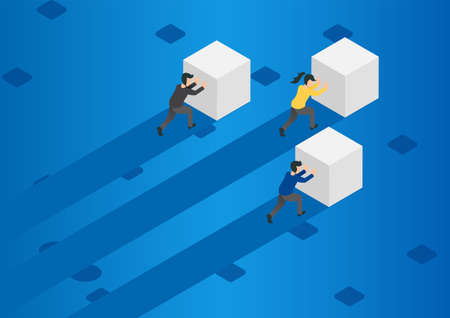 Isometric Business people pushing cubes. Winner easily moving the cube. Winning strategy, efficiency, innovation in business concept - Illustration Vectorのイラスト素材