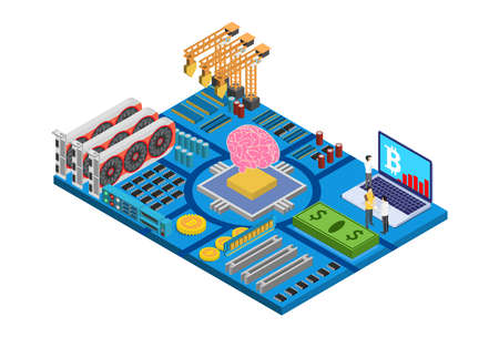 Modern Isometric Bitcoin Mining Circuit Board Concept Illustration in Isolated White Background