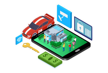 Modern Isometric Remote Smart Home Technology System Illustration in White Isolated Background With People and Digital Related Assetのイラスト素材
