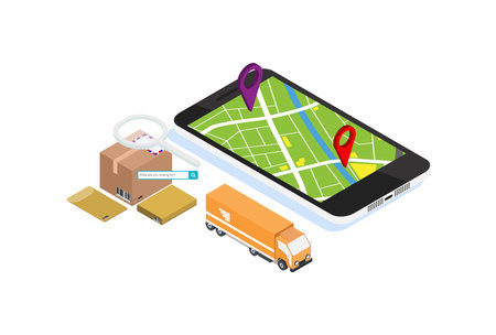 Delivery app isometric illustration. E-commerce. Track service. Truck shipping. Global online navigation. Delivery tracking infographic. Smartphone app, web, banner design. Isolated vectorのイラスト素材