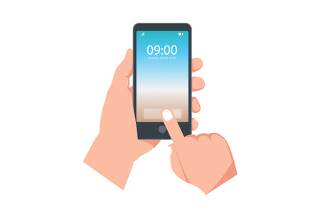 illustration Screen Unlock on smartphone screen. Hand holds smartphone, finger touches button. Downloading document concept for web banners, web sites, infographics. Creative flat design vectorのイラスト素材