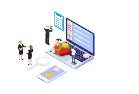 Online survey concept with characters. Can use for web banner, infographics, hero images. Flat isometric vector illustration isolated on white background. Suitable for Diagrams, Graphic Related Assetのイラスト素材