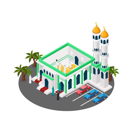 Vector isometric icon or infographic element representing mosque building with minaret illustration, Suitable for Diagrams, Infographics, Game Asset, And Other Graphic Related Assetsのイラスト素材