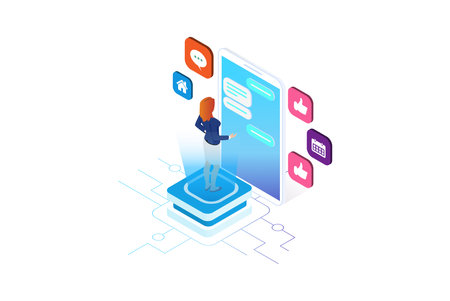 Modern Isometric programmer working in a software develop company office. Developing programming and coding technologies concept. UX UI User Interface and User experience Process.のイラスト素材