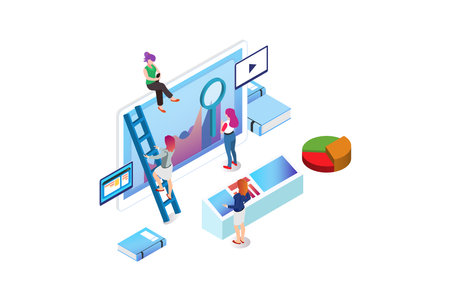 Isometric Expert team for Data Analysis, Business Statistic, Management, Consulting, Marketing. Landing page template concept. Suitable for Diagrams, Infographics, And other assetのイラスト素材