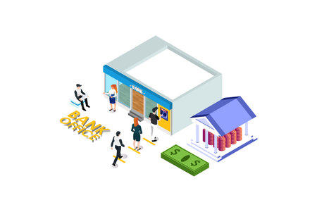 Bank Office Reception Service meeting Client Isometric People work Suitable for Diagrams, Infographics, Book Illustration, Game Asset, And Other Graphic Related Assets in isolated white backgroundのイラスト素材