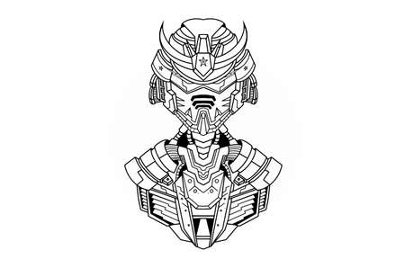 Hand drawing illustration of black white horned samurai helmet samurai with mechanical robot bodyのイラスト素材