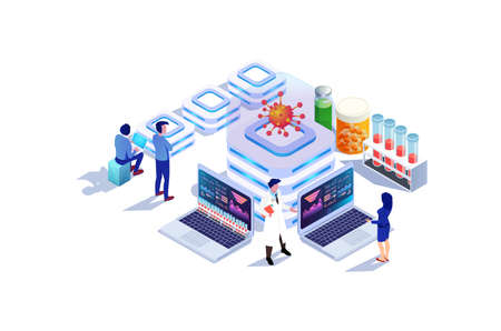 Isometric Modern Covid-19 Vaccine Medical Research Illustration, Web Banner, Suitable for Diagrams, Infographics, Book Illustrations, Game Assets, and Other Graphic Related Assetsのイラスト素材