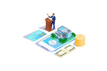 Isometric House auction online Auction Illustration, with house on screen, finger tapping bid button,Web Banners, Suitable for Diagrams, Infographics, Book Illustration, Game Asset, And Other Graphicのイラスト素材