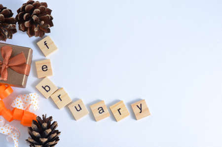 Cones and gift box on the background. The month of February is written in wooden letters. The calendar. Winter.の写真素材