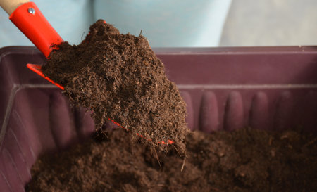 A shovel with earth for planting flowers.