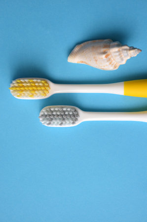Two toothbrushes on a blue background.