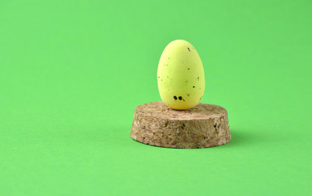 Yellow Easter egg on a wooden stand. Green background.の写真素材