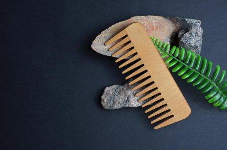 Wooden comb with green fern and stone on a black background.