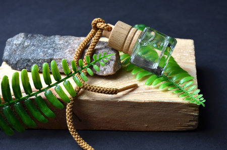 Perfume on a wooden board on a black background. Green fern.の写真素材